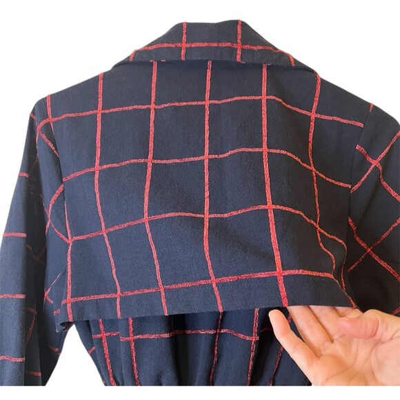 A.PEACH Navy Blue/Red Plaid Blazer Jacket Open Tie Belt Career Preppy Casual Med - Picture 3 of 7